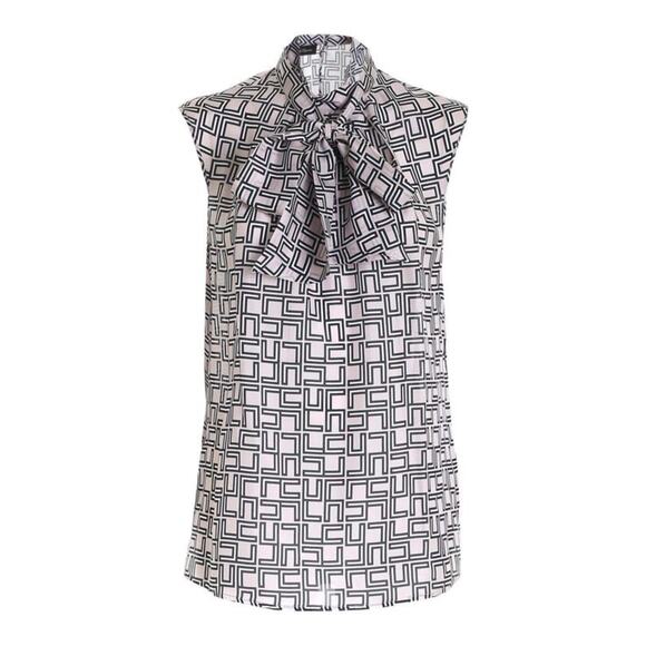 Les Copains Silk Top Blouse Geometric Sleeveless Neck Tie Gray Blue 42 4 6 S - Picture 1 of 8